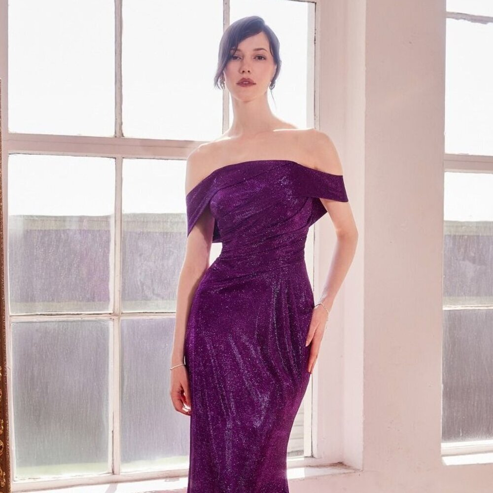 New Off Shoulder Sheath Evening Long Gown w/ Pleated Details & Zip Back CD T603